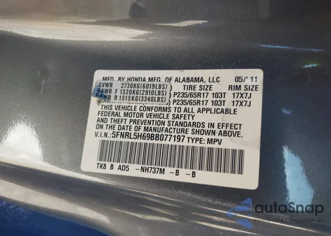 2011 Honda Odyssey Ex-L из США, поврежденный, VIN 5FNRL5H69BB077197